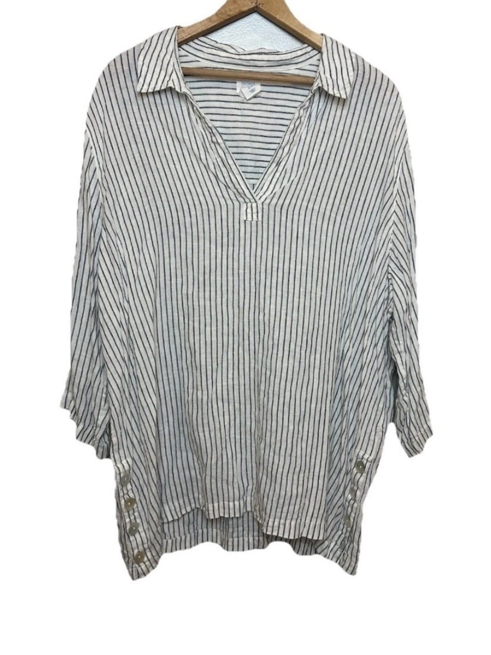 Sigrid Olsen 100% Linen Top Blue White Stripe Beach Boho